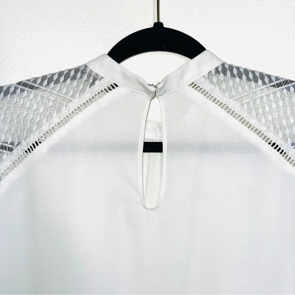 Express White High Neck Sheer Lattice Flutter Sleeve Blouse Large Women’s - Picture 6 of 11